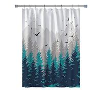 RV Shower Curtains Forest Mountain Happy Camper, Fabric RV Bathroom Curtain Sets with Hooks 47WX64H Inches (Green Grey)