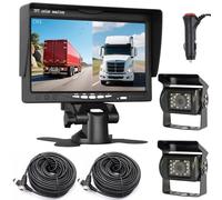 RV Trailer Truck 4Pin Dual Rear View Reversing Camera 7" HD Monitor System | 12V-24V 7" TFT LCD HD Monitor with Sun Shade Bracket,18LEDs IR Night Vision Waterproof Reverse Backup Camera, 4Pin 15M Cable