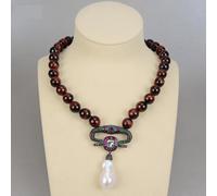 RVBLRDSE 18" 12mm Brown Tiger's Eye Round Necklace White Keshi Pearl Pave Gunmetal Colorful Pendant Necklace For Women