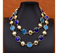 RVBLRDSE 35'' Blue Cat eye Square Gold Plated Brushed Coin Beads Long Necklace Sweater chain Lady Gifts