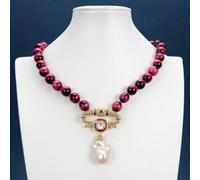RVBLRDSE Smooth Round Fuchsia Tiger Eye Necklace Cubic Zirconia Pave Keshi Pearl Pendant For Women