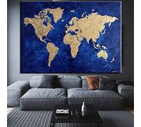 RVCKVS Abstract Blue Gold World Map Painting Canvas Print World Map Poster Wall Art Picture Classroom Children School Office Decor 70x110cm Frameless