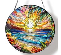 RVEAFA Beach Sunset Sun Catcher Stained Glass Window Hanging Beach Lovers Gifts for Women Wall Decor Landscape Decoration for Home Garden Housewarming Gifts, 6 inch