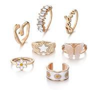 RVHAOODI 7Pcs Vintage Butterfly Embrace Hands Rings Set Metal Paint Coating Daisy Letter Creative INS Style Love Heart Ring For Women