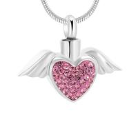 RVHAOODI Angel Wings Heart Memorial Urn Necklace, Pink Clear Crystal Cremation Jewelry Keepsake Urn Pets Funeral Pendant For Women-d