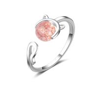 RVHAOODI Cat Strawberry Crystal Students Sweet Girl Heart Finger Index Silver Color Female Resizable Opening Rings