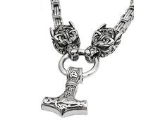 RVHAOODI Neckl, Nordic Mythology Celtic Wolf Mjolnir Necklu2013 Steel Irish Wolf Head Thor's Hammer Amulet u2013 Viking King Chain Celtic Pagan Jewelry