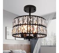 Rviezza Crystal Ceiling Lights, 4-Light Metal Black Ceiling Pendant Light with E14 Bulb Base, Industrial Crystal Lighting Ceiling for Living Room, Bedroom, Kitchen, Dining Room