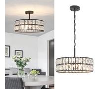 Rviezza Modern Black Crystal Chandeliers, 5-Light Industrial Black Metal Semi-Flush Mount Ceiling Lights with Round Shade, Vintage Hanging Ceiling Light with E14 Dimmable Base