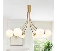 Rviezza Modern Brass Gold Chandelier Ceiling Lights, 6-Light White Globe Glass Shade with G9 Base Semi Flush Mount Ceiling Light, Gold Pendant Light Fixture for Living Room, Dining Room, Bedroom