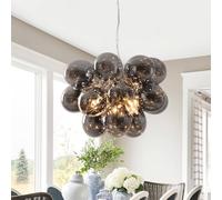 Rviezza Smoky Grey Glass Bubble Pendant Chandelier 4 E14 Dimmable Lights, Adjustable Height Modern Chrome Cluster Ceiling Lamp for Dining Bedroom Living Kitchen