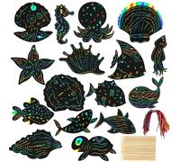 RVLZKCPG 64 Pcs Marine Animal Scratch Art for Kids, Rainbow Scratch Art, Magic Etch Art, Scratch Art Paper with 32 Wooden Stylus 64 Ribbon for Classrooms Gifts, Underwater World Birthday Parties