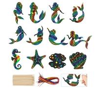 RVLZKCPG Pack of 48 Mermaid Scratch Pictures for Children, Rainbow Scratch Pictures, DIY Scratch Pictures Children with Ribbons, Bamboo Sticks for Party Bags, Birthday, Children's Birthday, Sea