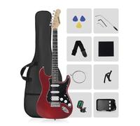 RVONE RST-150 39" Beginner Electric Guitar Kit with Amp & HSS Pickups | Complete Starter Set for Newcomers w/Essentials | Gig Bag, Extra Strings, Digital Tuner, Capo, Strap (Red, Right)