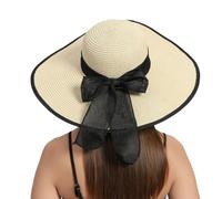 RVROVIC Women's Floppy Straw Sun Hat Foldable Summer Beach Hat Packable Roll Up Wide Brim Crochet Bucket Hat,Black&Beige