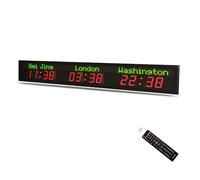 RVUEM Large Digital Led World Clock, World Time Zone Wall Clock, 3/4 City Time Display, 5-Level Brightness Adjustment, for Multinational Enterprises Airports,Black,3 City