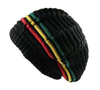 RW 100% Cotton Classic Rasta Slouchy Ribbed Beanie Hats, Black/Rasta, One size