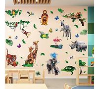 RW-1065 Jungle Animal Wall Decals Cartoon 3D Wild Animal Wall Stickers Peel and Stick DIY Removable Animal Wall Art Decor for Kids Babys Bedroom Bathroom Living Room Nursery Wall Decoration