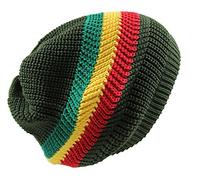 RW Knitted Slouchy Cotton Classic Rasta Beanie, Olive/Rasta, L