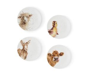 RW WN4093-XW Royal Worcester Wrendale Designs China Tea Coupe Plates Featuring Ewe, Gentle Jack and Just Hatched-Set of 4, Ceramic, White