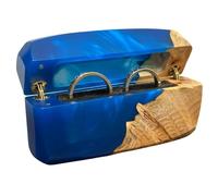 RWA Handcrafted Double Engagement Ring Box - Wood & Epoxy Resin Ring Case, Slim Pocket Proposal Ring Holder with Velvet Interior, Unique Handmade Jewelry Box - FLASH (blue)