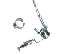[RWAJZAX] Artistic Fishing Theme Necklace Ring Rotating Handle Design Father's Day Lover Pendant Neck Chain Rotating Handle Necklace Angler Gear, フリーサイズ, As described