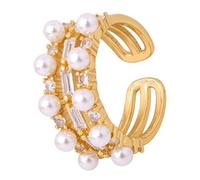 [RWAJZAX] Unique Geometric Ring with Zircon and Imitation Pearls Cubic Zirconia Open Ring Adjustable Opening Finger Band Pearl Band