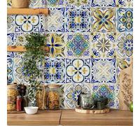 RwalkinZ Tile Stickers Peel and Stick 24 pcs Wall Tiles for Kitchen Bathroom Stick on Tiles Self Adhesive Waterproof Oil-Proof Moroccan Art (15cm x 15cm, 6x6 inches) for Stairs Table Floor A