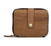 RWCCCRW Stylish Front Pocket Zip Around Short Wallet Cowhide Leather Small Compact Change Pouch 15 Cards Holder Purse (Color : Brown Yellow, Size : M)