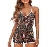 Rweroyiu Womens Jumpers Rompers Casual for Summer Daily One Piece Spaghetti Strap Yoga Romper, Retro Mushroom, Small