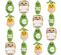 RWFMO 16 Pack Positive Crochet Dolls Bulk, Emotional Support Pickle Avocado Pineapple Toast with Cards, Handmade Knitted Mini Gifts for Classroom Rewards Office Party Favours