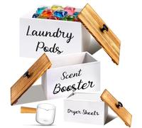 RWFMO 3 Pcs Wooden Laundry Pod Holder, Wood Washing Pods Storage Box with Lid Glass Scoop, White Laundry Pods Container Detergent Pods Holder for Laundry Room