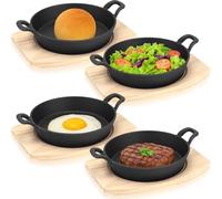 RWFMO 4 Pcs Mini Cast Iron Skillet Set, Round Cast Iron Serving Pan with Wooden Base, Small Fajita Plate with Handles for Cooking and Table Serving (14cm)