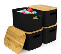 RWFMO 4 Pcs Plastic Storage Baskets with Bamboo Lid, Wicker Style Plastic Storage Boxes with Handle, Organiser Baskets with Lid, Multi-Colour Organiser Bins for Kitchen Bathroom Home Office (Black)