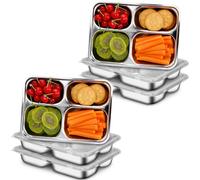 RWFMO 6 Pack Stainless Steel Divided Dinner Plates, 4 Compartment Metal Lunch Tray with Lid, Reusable Divided Metal Food Storage Containers for Home School Camping(24 x 17 x 4 cm)
