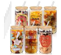 RWFMO 6 Pack Teacher Appreciation Glass Cups, 500ml Printed Iced Coffee Glass Gift with Bamboo Lids Straws, Thank You Gifts for Teachers End of Term