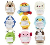 RWFMO 9 Pcs Positive Crochet Animal Set, Handmade Yarn Animals with Motivational Cards, Cute Positive Affirmation Gifts, Desk Decor Gifts for Women Men Teen Girls Boys