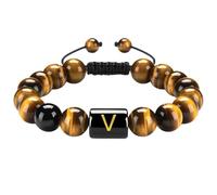 RWGSNB 10 Mm Natural Tiger Eye Stone Bracelets with A-Z Letter Initial Beaded Gemstone Bracelet Handmade Braided Vibrant Crystal Bangle Jewellery Gifts for Women Men Letter-V