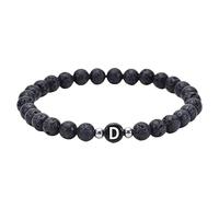 RWGSNB 6 Mm Natural Black Lava Beads Stone Bracelets with A-Z Letter Dainty Gemstone Initial Bracelets Stretch Crystal Bangle Spiritual Jewellery Gifts for Women Men Letter-D