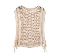 RWGSNB Crochet Vest Women, Women Crochet Tank Tops Boho Cutout Mesh Knit Sleeveless Sweater Pullover with Side Drawstring Loose Casual Crew Neck See Through Summer Cover Up Beige L