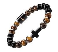 RWGSNB Cross Bracelet with Letters for Couples A-Z Letter Natural Gemstone Initial Beaded Bracelet Black Agate Tiger Eye Stone Bangle Stretch Crystal Jewelry Gift Letter-L
