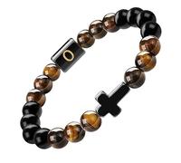 RWGSNB Cross Bracelet with Letters for Couples A-Z Letter Natural Gemstone Initial Beaded Bracelet Black Agate Tiger Eye Stone Bangle Stretch Crystal Jewelry Gift Letter-O