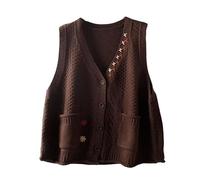 RWGSNB Jumpers for Women Women's Knitted Sleeveless Cardigan Casual Button Down Sweater Vest Chic Cable Knit Ladies Waistcoat Top Vintage Style Knitwear Gilets Tank Top with Pockets Dark Brown XXL
