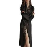 RWGSNB Ladies Dressing Gown, Women'S Satin Kimono Robe, Sexy Mesh Lace Trim Dressing Gown with Belt V Neck Long Home Clothes Comfy Nightwear Luxurious Bride Pyjama Lingerie Black Xs