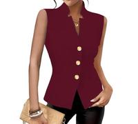 RWGSNB Ladies Waistcoat, Womens Blazer Vest Elegant Summer Suit Waistcoat Notch V-Neck Button-Down Sleeveless Blazers Jacket Casual Solid Color Formal Gilet for Work Office Burgundy M