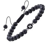 RWGSNB Matte Black Agate Gemstone Bracelet with A-Z Letter Dainty Initial Bracelet Adjustable Braided Rope Reiki Bead Stone Bangles Crystals Jewelry Gift for Women Men Letter-N