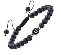 RWGSNB Matte Black Agate Gemstone Bracelet with A-Z Letter Dainty Initial Bracelet Adjustable Braided Rope Reiki Bead Stone Bangles Crystals Jewelry Gift for Women Men Letter-U