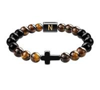RWGSNB Men Women Cross Bracelet with A-Z Letter Natural Tiger Eye Obsidian Stone Bracelets Stretch Initial Beads Gemstones Bangle Meditation Yoga Crystal Jewelry Gift Letter-N