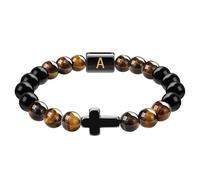 RWGSNB Men Women Cross Bracelet with A-Z Letter Natural Tiger Eye Obsidian Stone Bracelets Stretch Initial Beads Gemstones Bangle Meditation Yoga Crystal Jewelry Gift Letter-A
