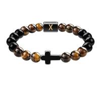 RWGSNB Men Women Cross Bracelet with A-Z Letter Natural Tiger Eye Obsidian Stone Bracelets Stretch Initial Beads Gemstones Bangle Meditation Yoga Crystal Jewelry Gift Letter-W